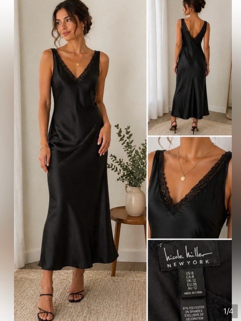 Nicole Miller Black Satin Lace-Trim Slip Dress